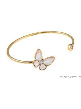 16K Gold Butterfly White Pearl Shell Adjustable Cuff Bracelet with Cubic